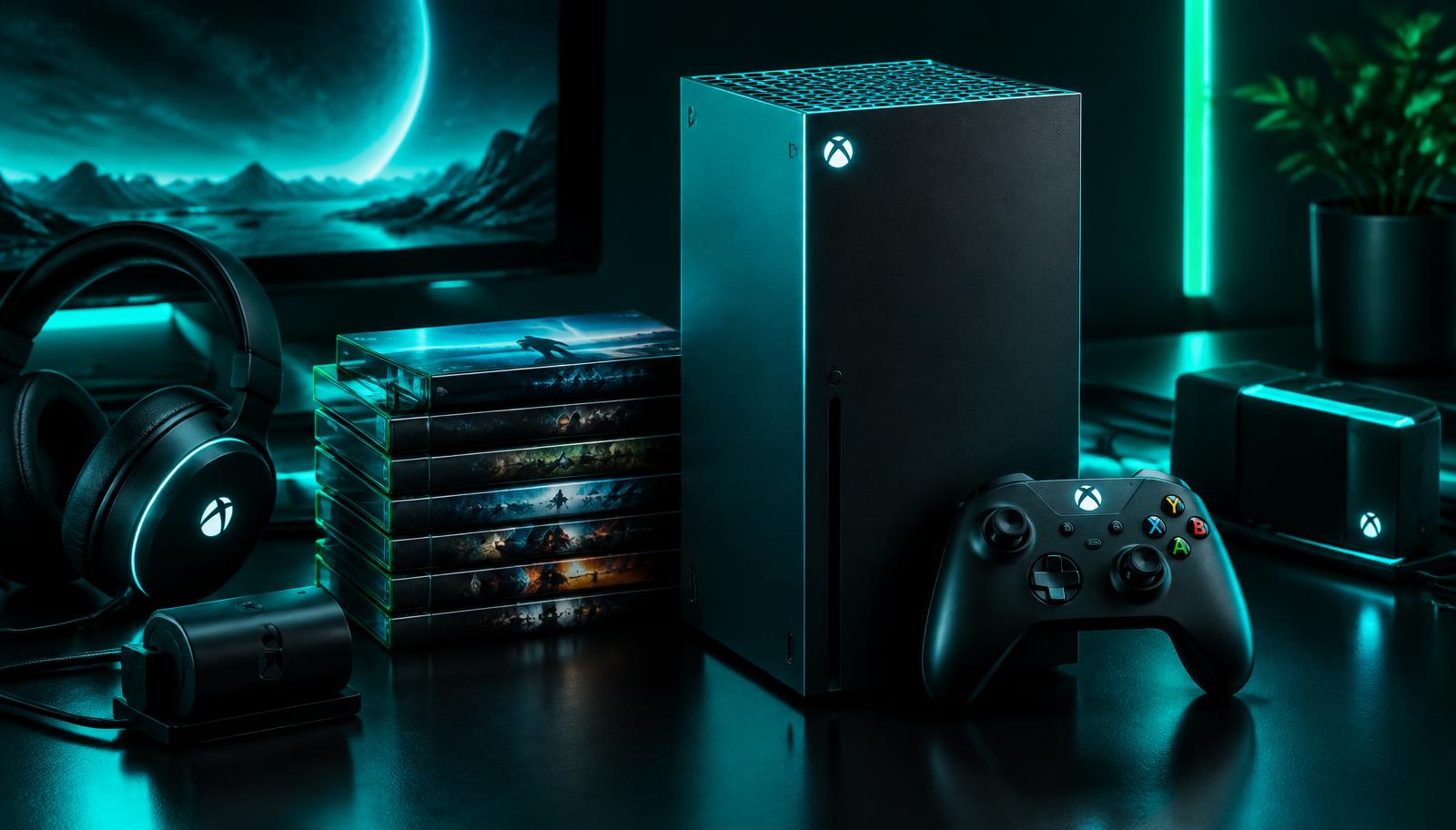 Modern Xbox console with accessories under dramatic teal lighting